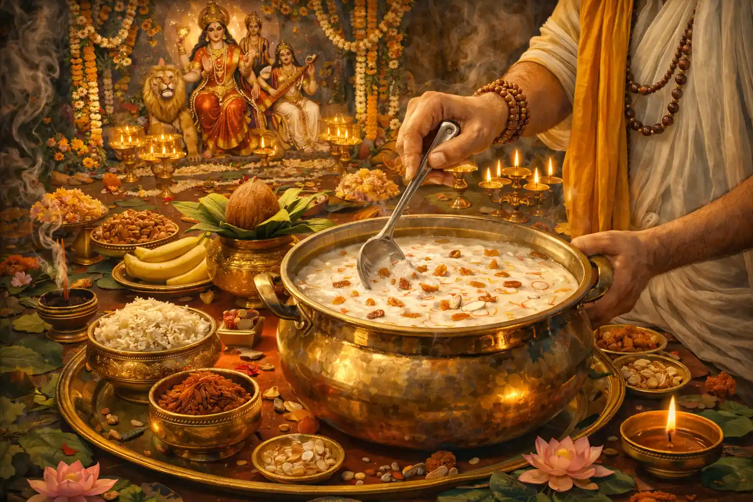 Prepared with devotion and purity, the sacred kheer is lovingly made as an offering for the puja, filling the space with faith, fragrance, and divine grace