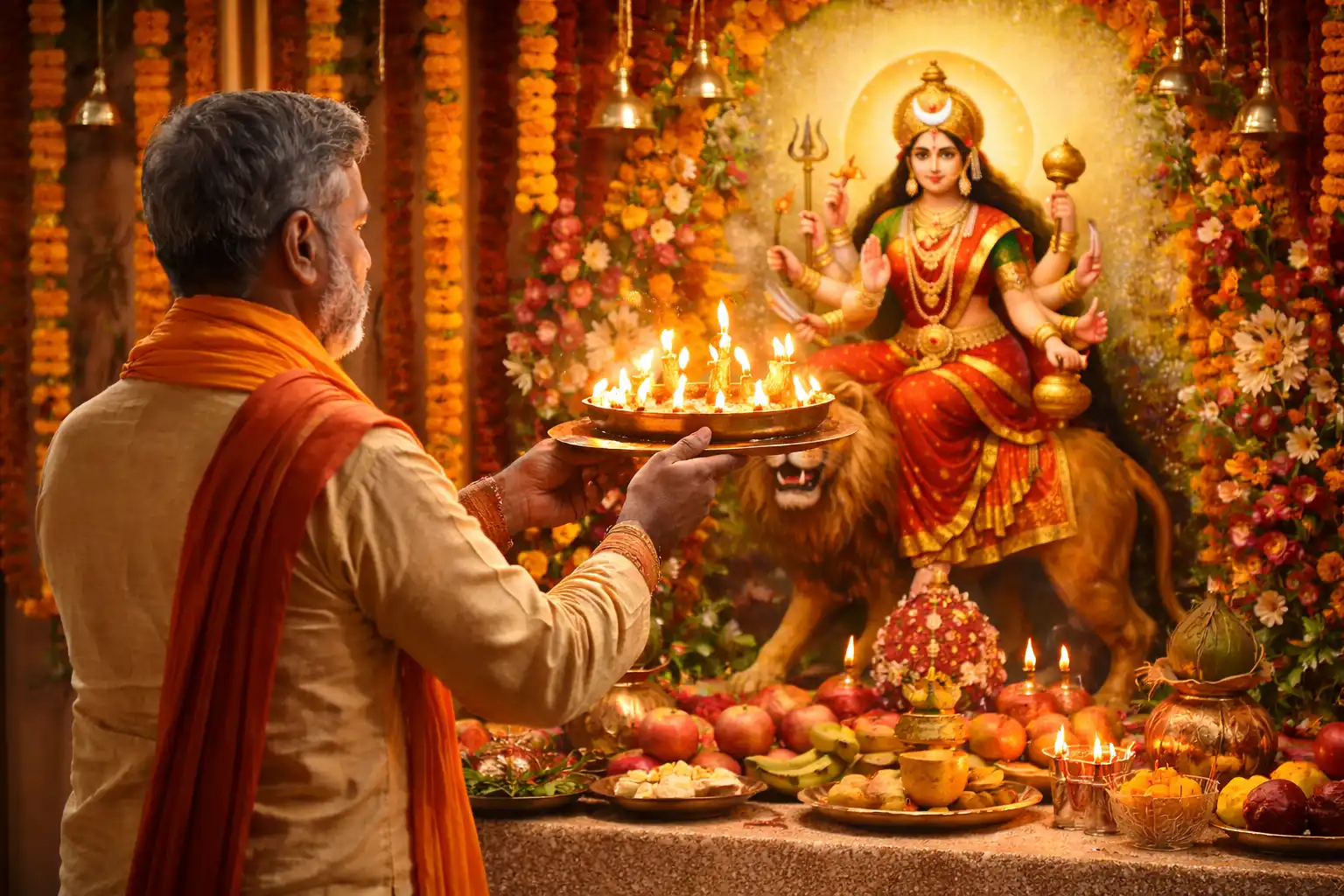 The glow of aarti lamps illuminates the shrine as Goddess Chandraghanta is worshipped on Navratri Day 3.