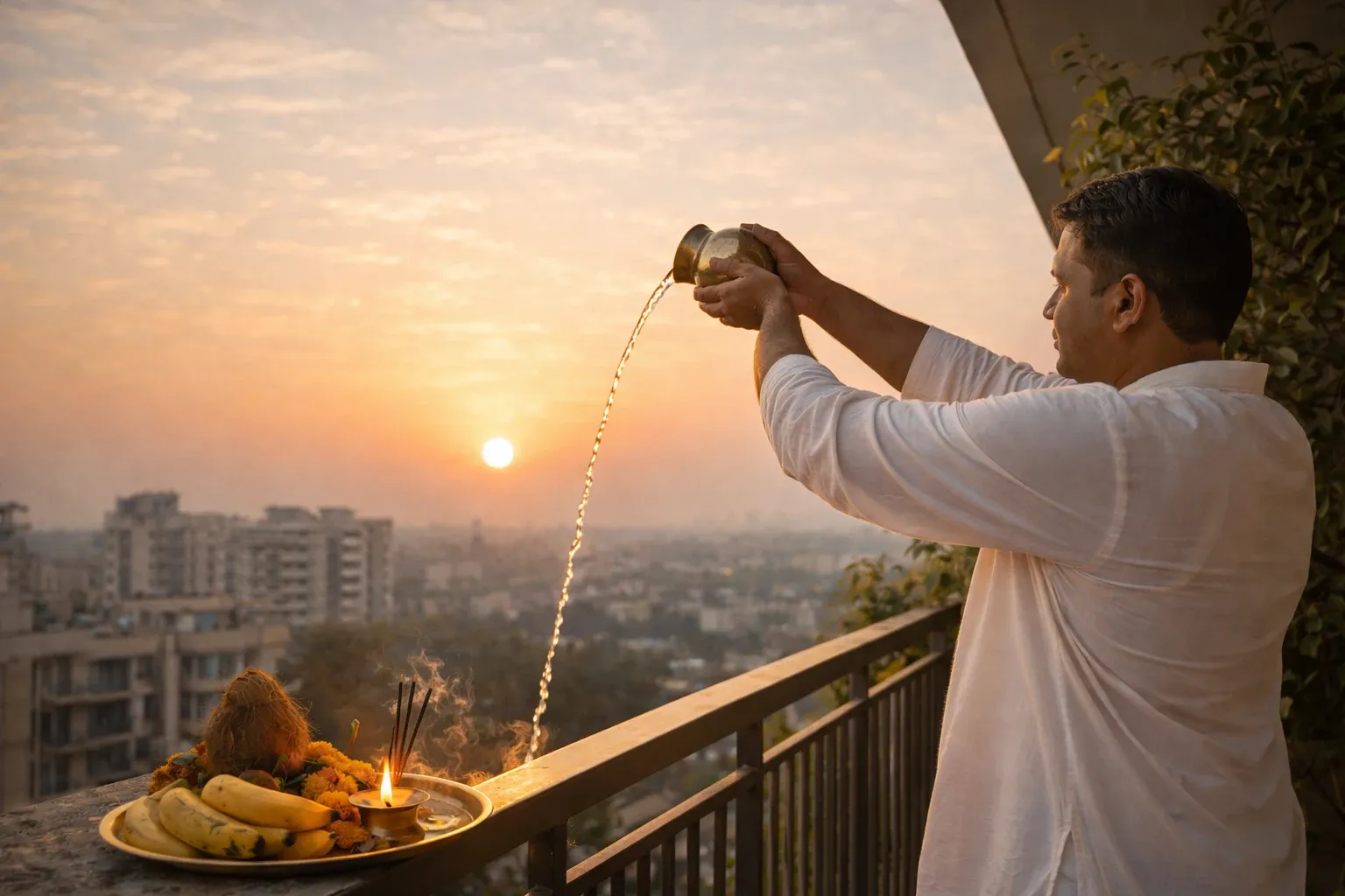 "Surya Arghya - Offering water to the rising sun."