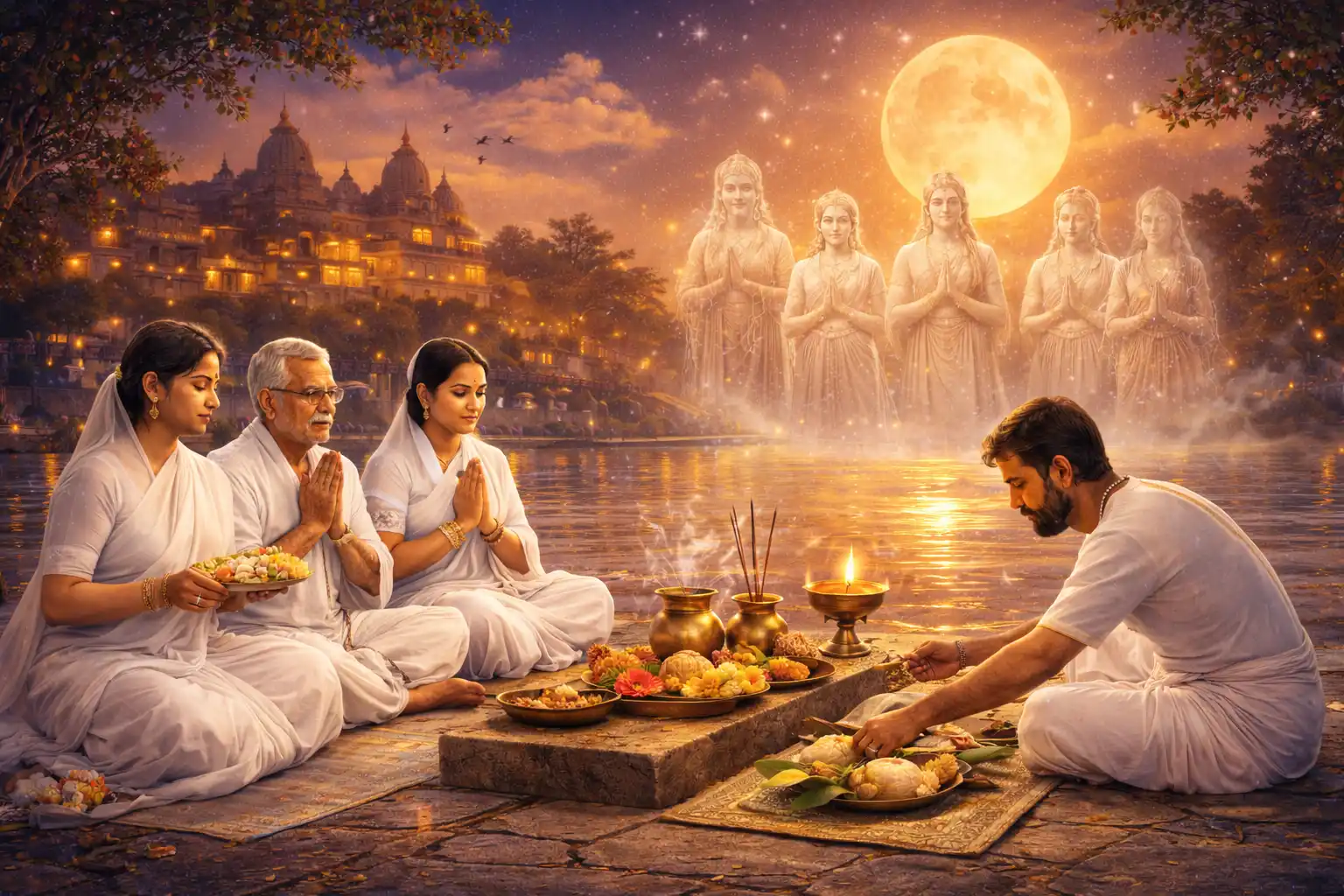 Honoring ancestors during Magha Purnima: A serene Shraddha ritual by the river, with prayers and offerings under the full moon’s glow