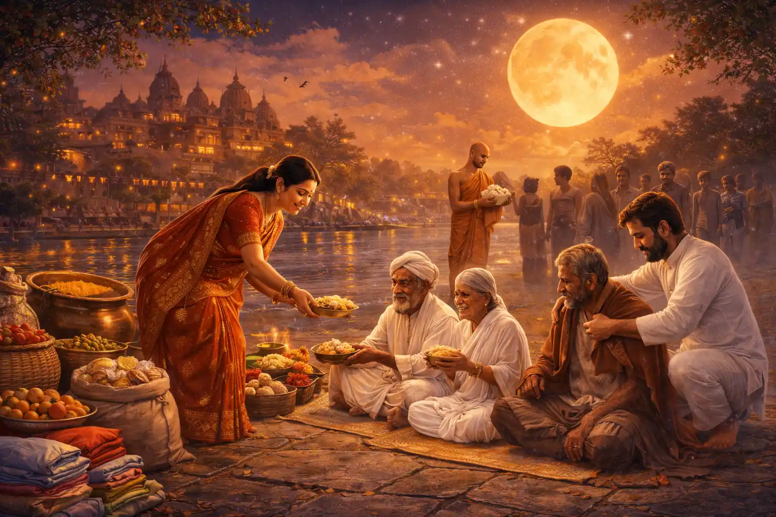Acts of charity on Magha Purnima: Selfless giving by the river under the full moon, as food, clothes, and blessings are shared with those in need
