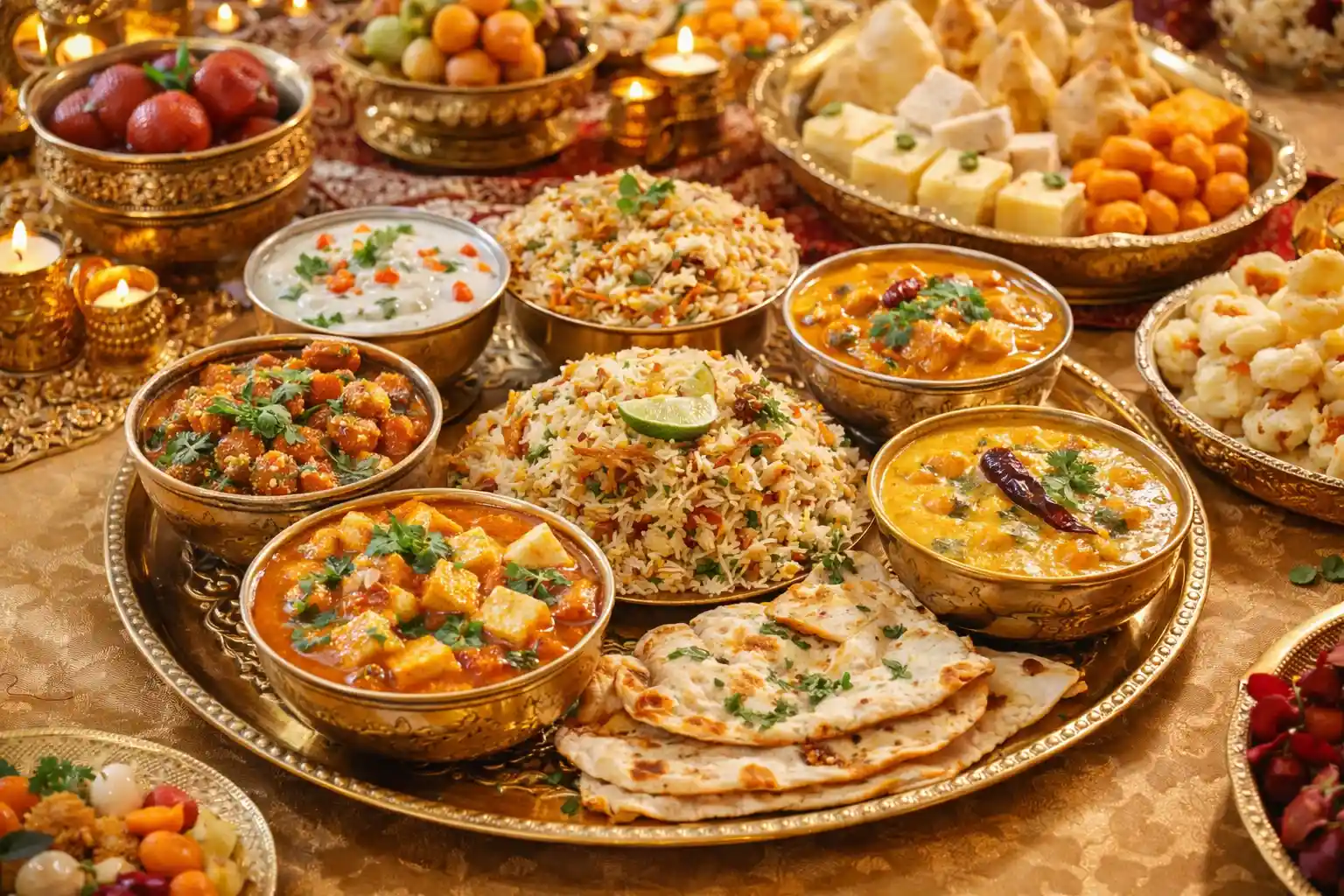 An array of traditional Indian vegetarian dishes, including curries, biryani, naan, and sweets, beautifully arranged for a wedding feast at Radha Krishna Temple.