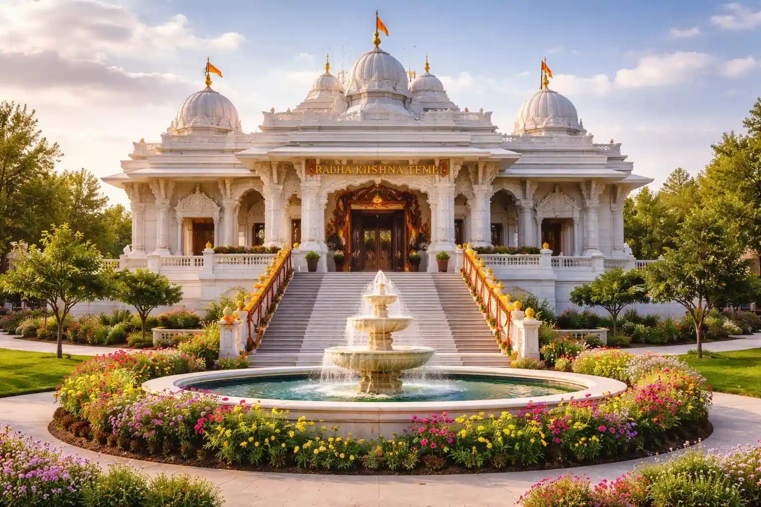Radha Krishna Temple: A grand entrance surrounded by serene gardens