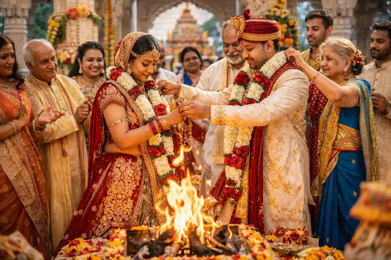A sacred moment during a traditional Hindu wedding at the Radha Krishna Temple, with the bride and groom exchanging garlands and taking vows around the sacred fire, surrounded by blessings from family and loved ones