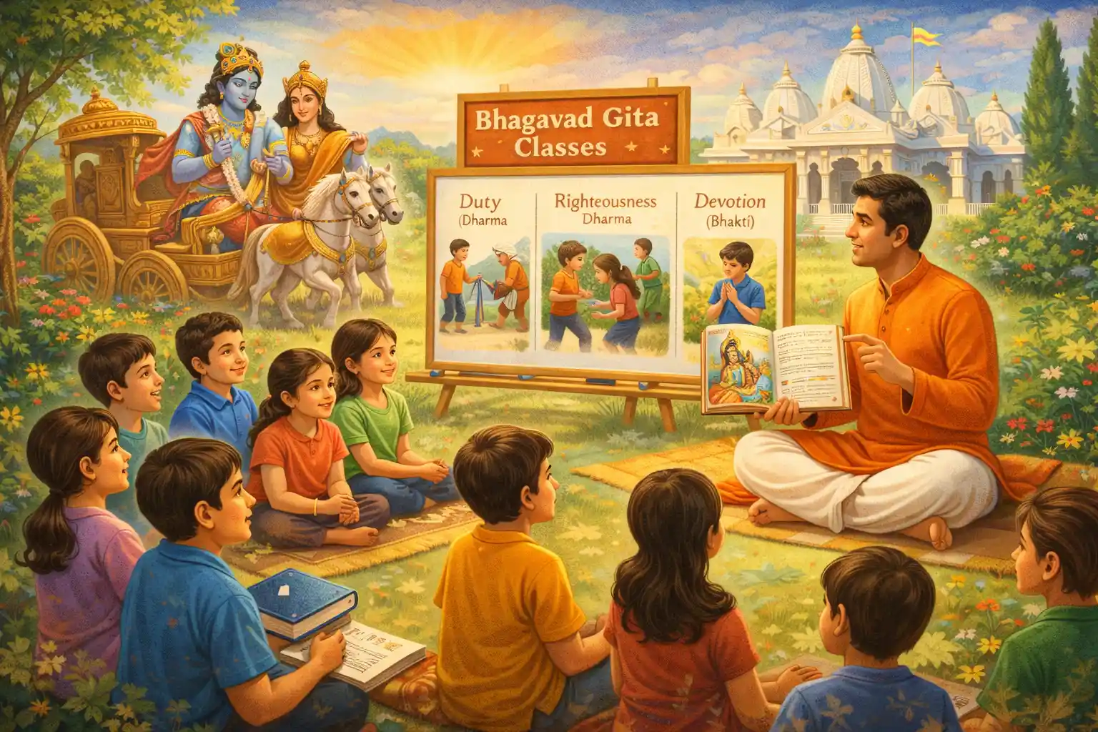 Children learning timeless life lessons from the Bhagavad Gita at Radha Krishna Temple, exploring duty, righteousness, and devotion.