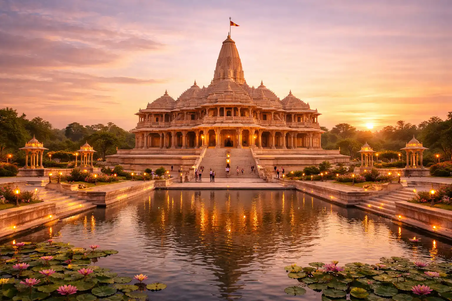 The new Ram Mandir in Ayodhya glowing in divine light, a symbol of faith, devotion, and timeless beauty.