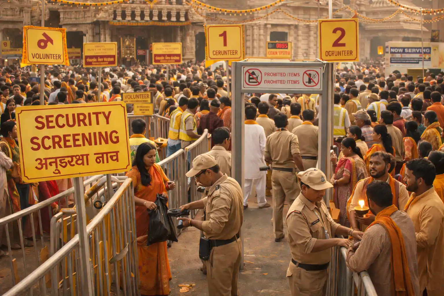 Orderly queues, security screening, and volunteer guidance shape the darshan experience at Ayodhya during peak pilgrimage days.