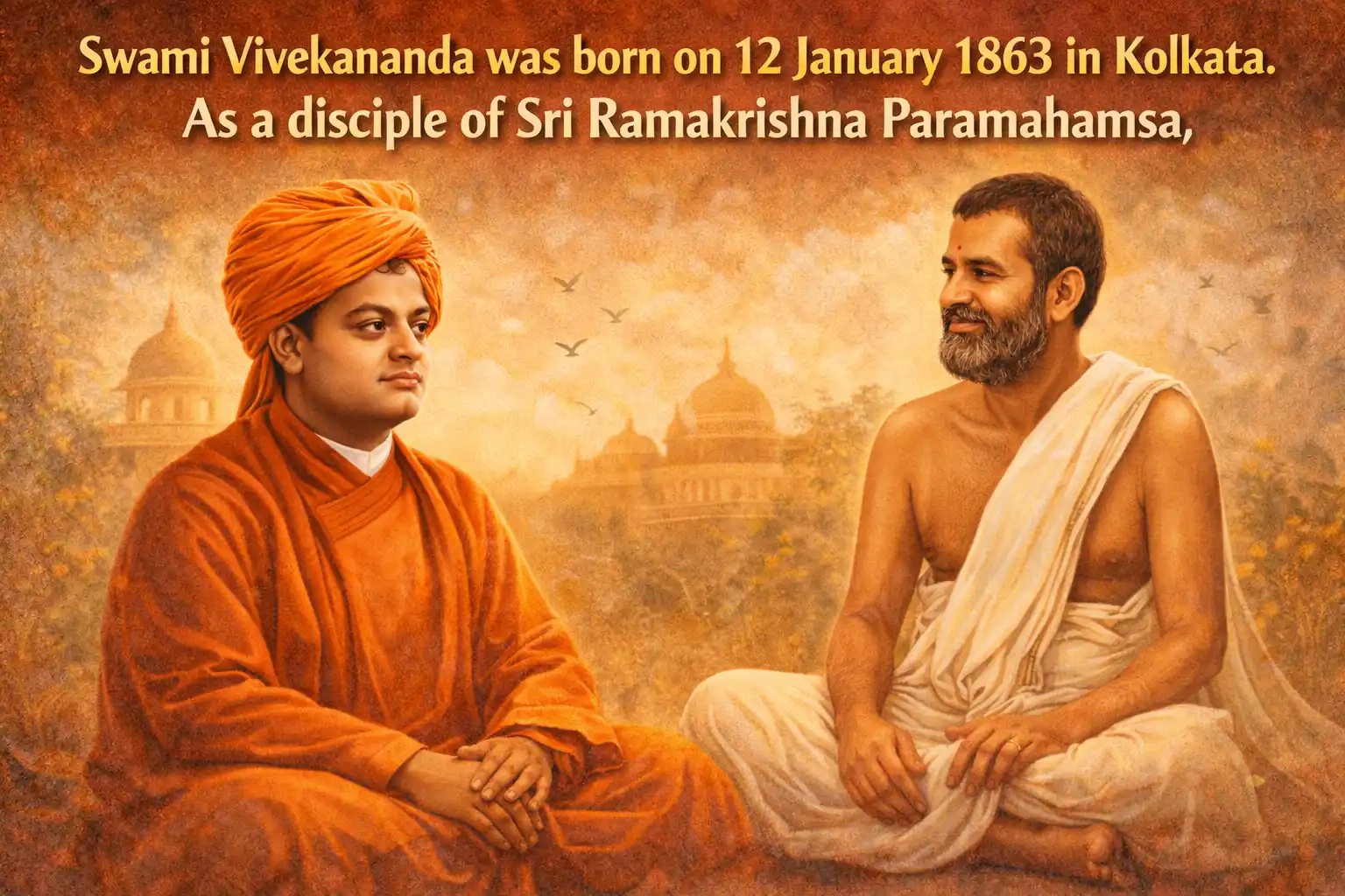 Swami Vivekananda with his revered guru, Sri Ramakrishna Paramahamsa, captured in a serene moment of spiritual connection, symbolizing the transformative guidance that shaped Vivekananda's journey.