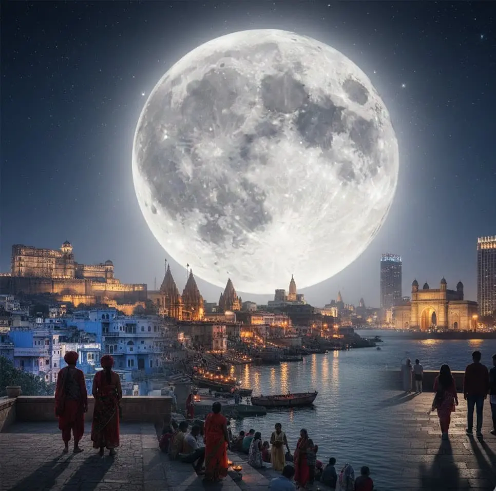 Full moon over an Indian city on Sakat Chauth, capturing Chandrodaya Muhurat and moon worship.