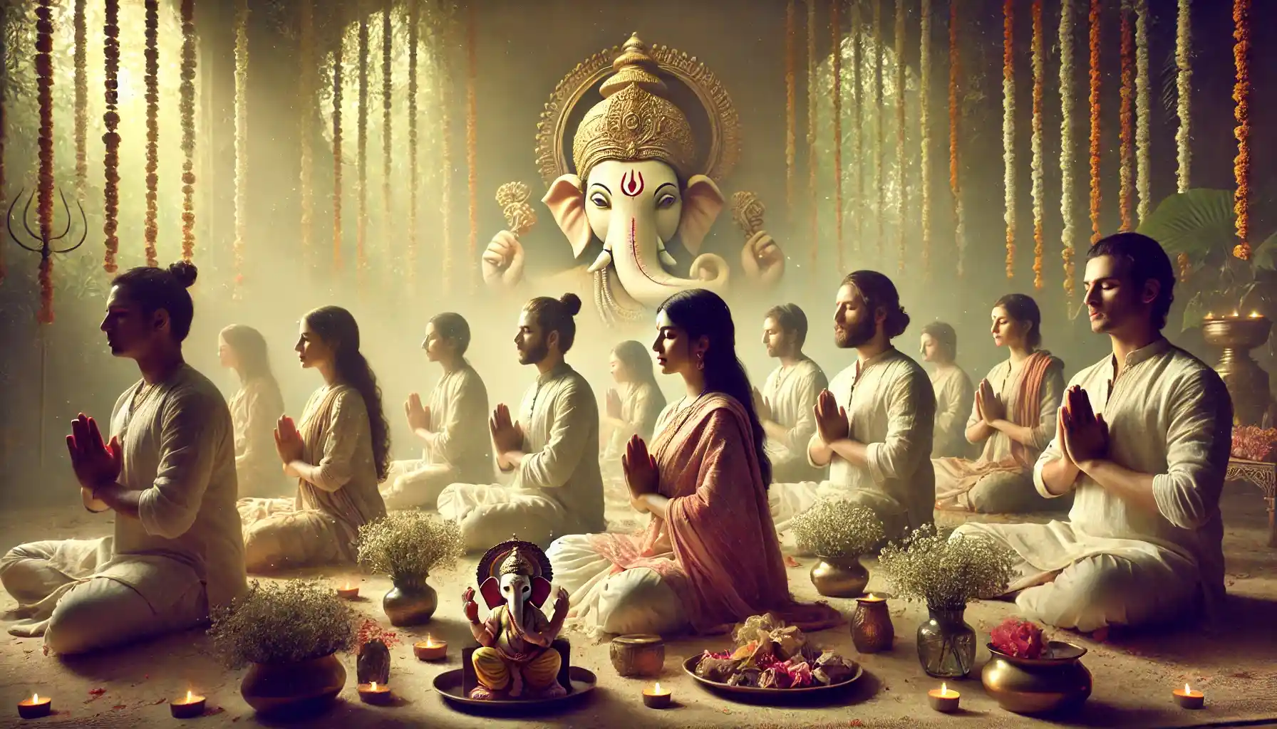 Devotees in deep devotion, reciting the Ganesha Ashtakshara mantra ('Om Gan Ganapataye Namah'), invoking the divine presence of Lord Ganesha and seeking the removal of obstacles in their lives