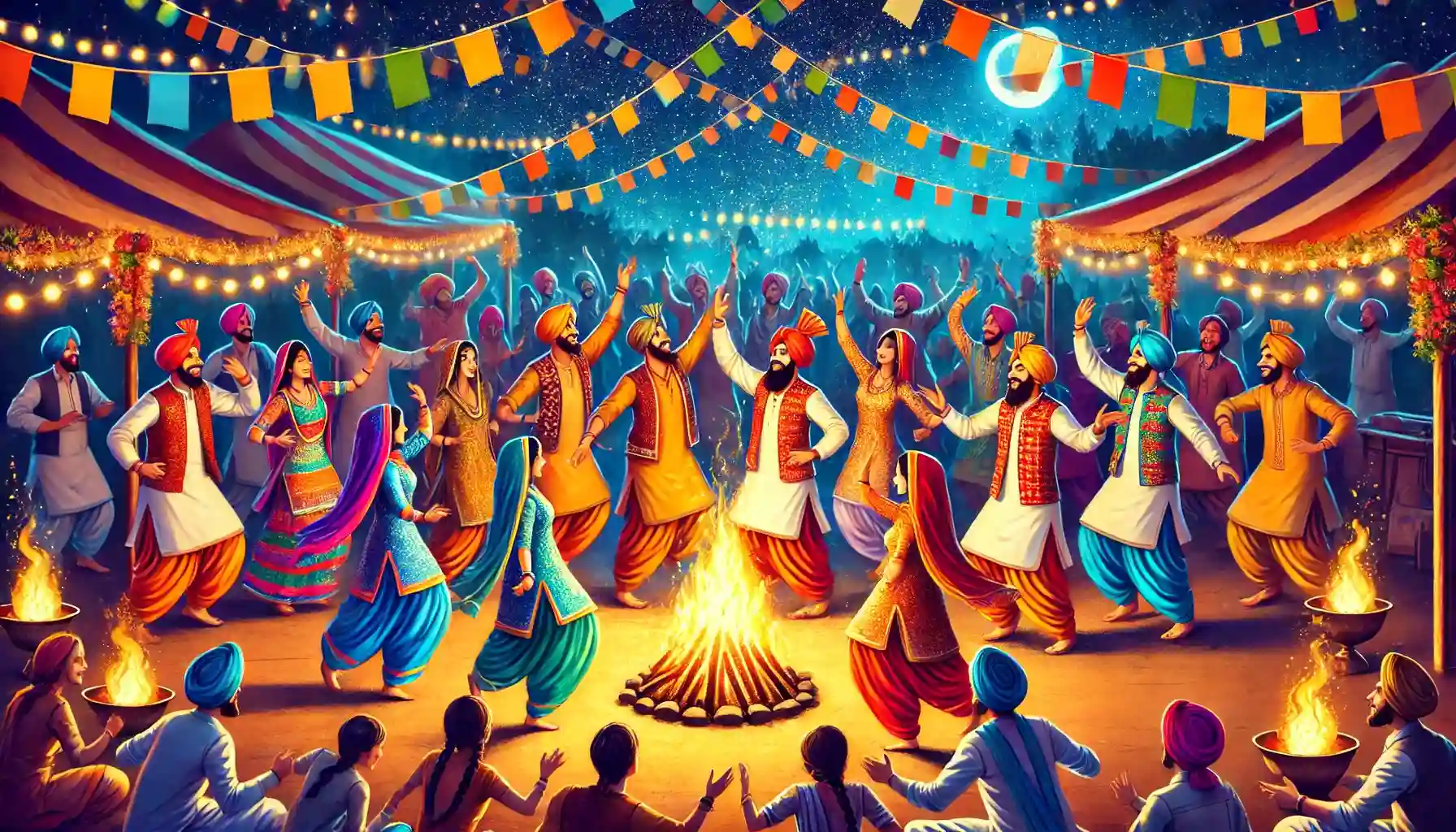 "Under the starry sky, a vibrant celebration unfolds as joyful dancers come together around a glowing bonfire, radiating the spirit of tradition, unity, and festivity."