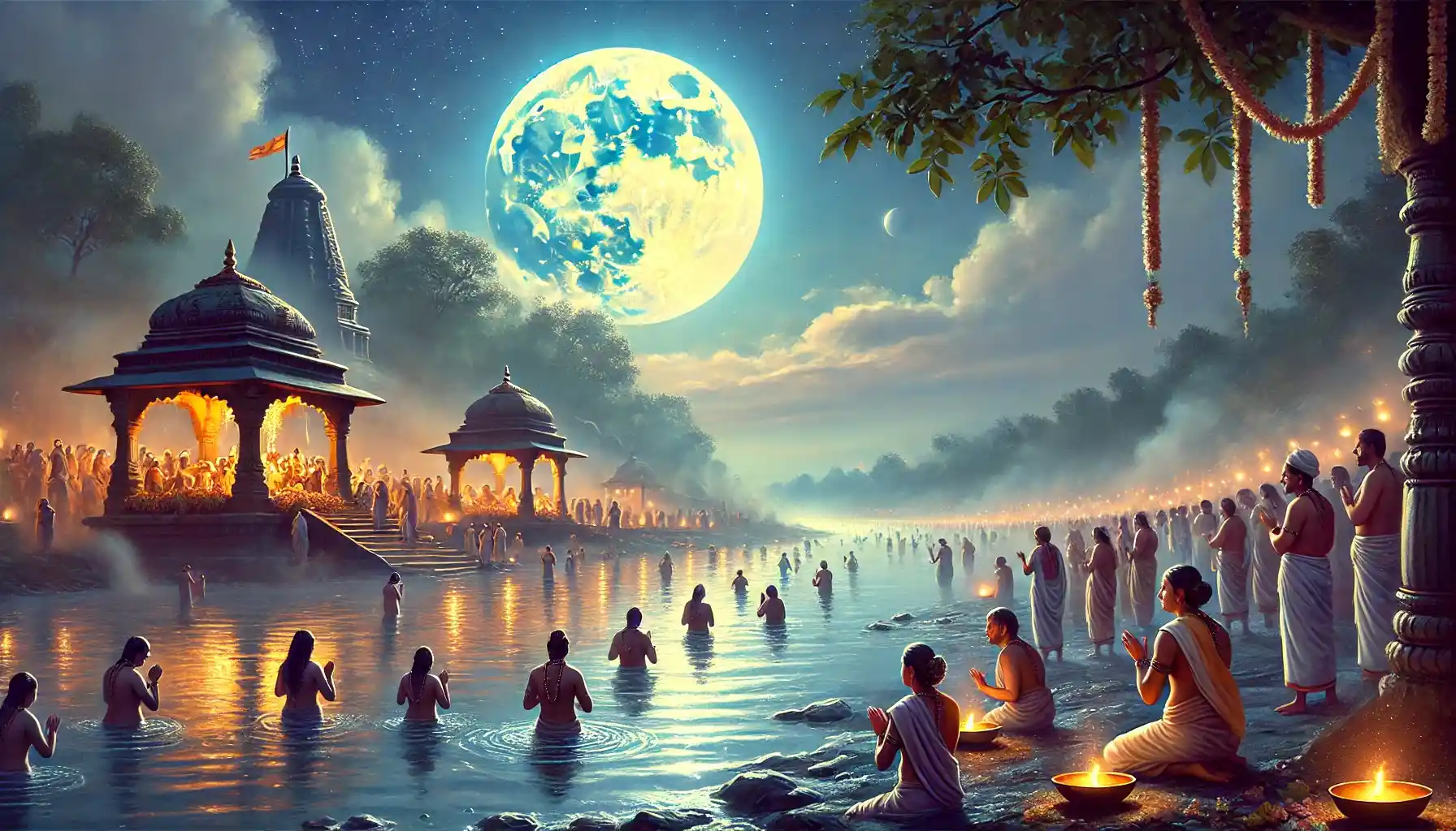 "Under the radiant full moon of Magha Purnima, devotees unite in prayer, seeking spiritual blessings and cleansing in the sacred waters