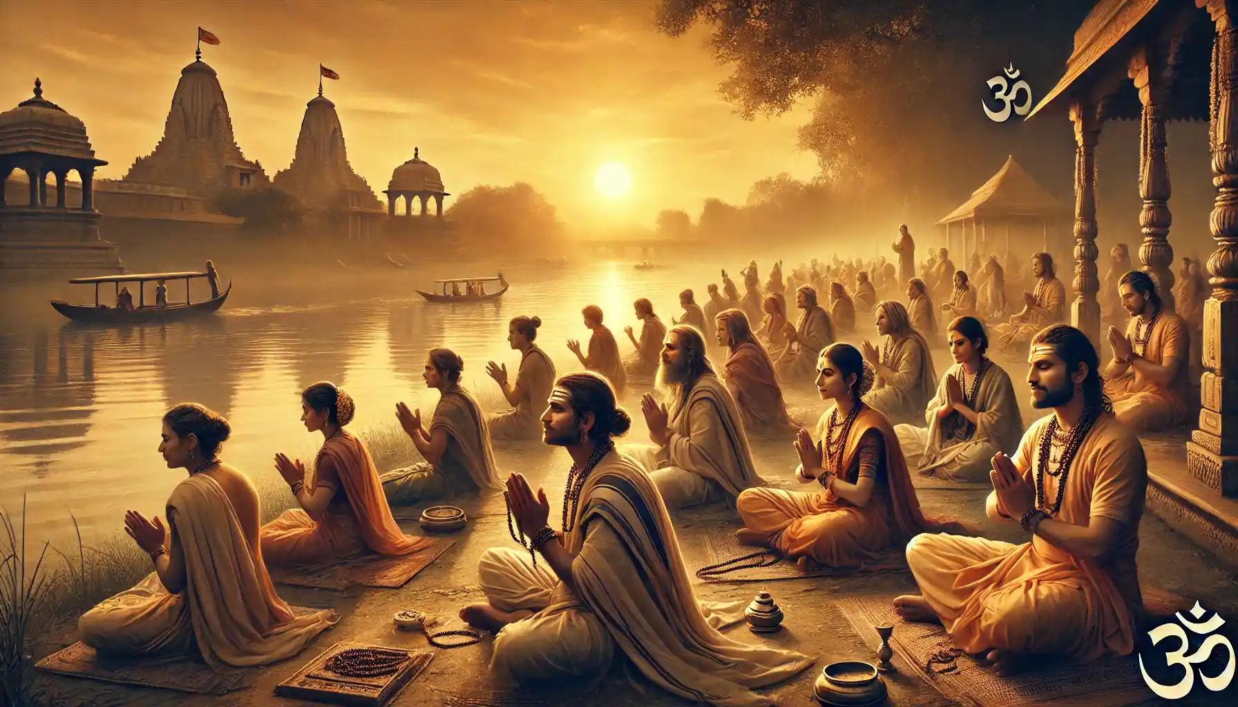 Devotees in peaceful prayer on Magha Purnima, with the setting sun casting a divine glow over the sacred river
