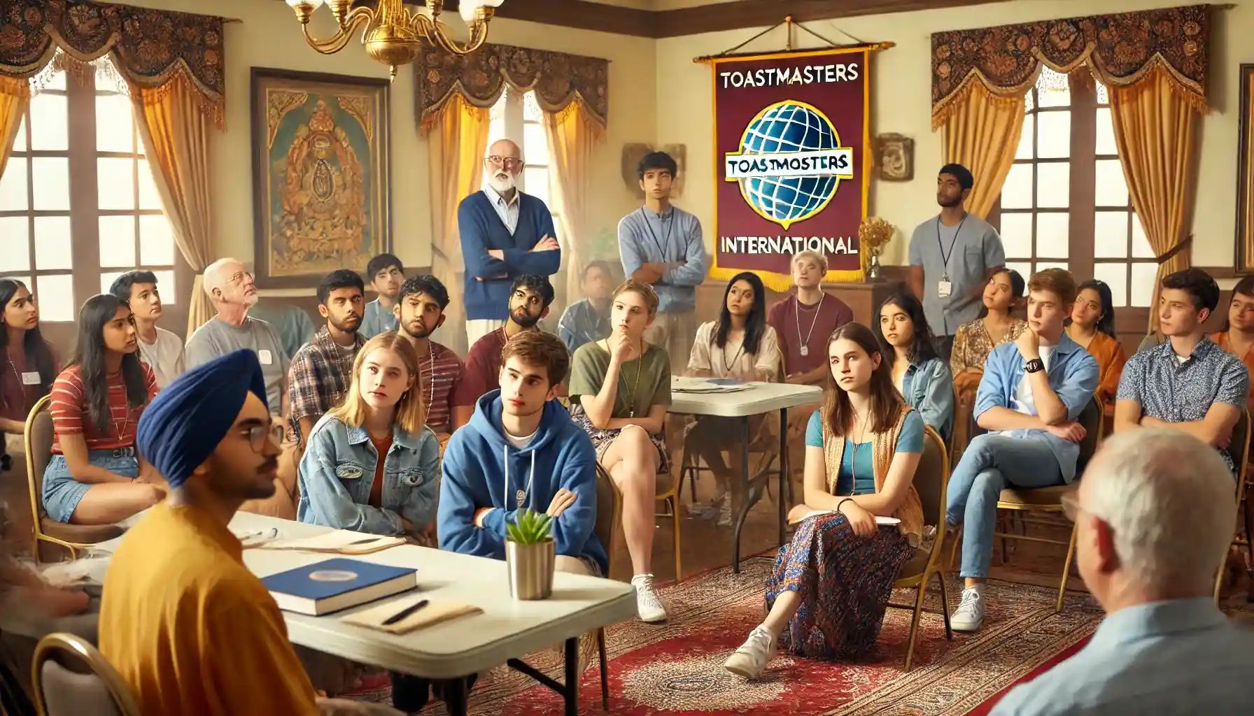 Teens engaged in a dynamic communication and leadership training session, inspired by Toastmasters International.