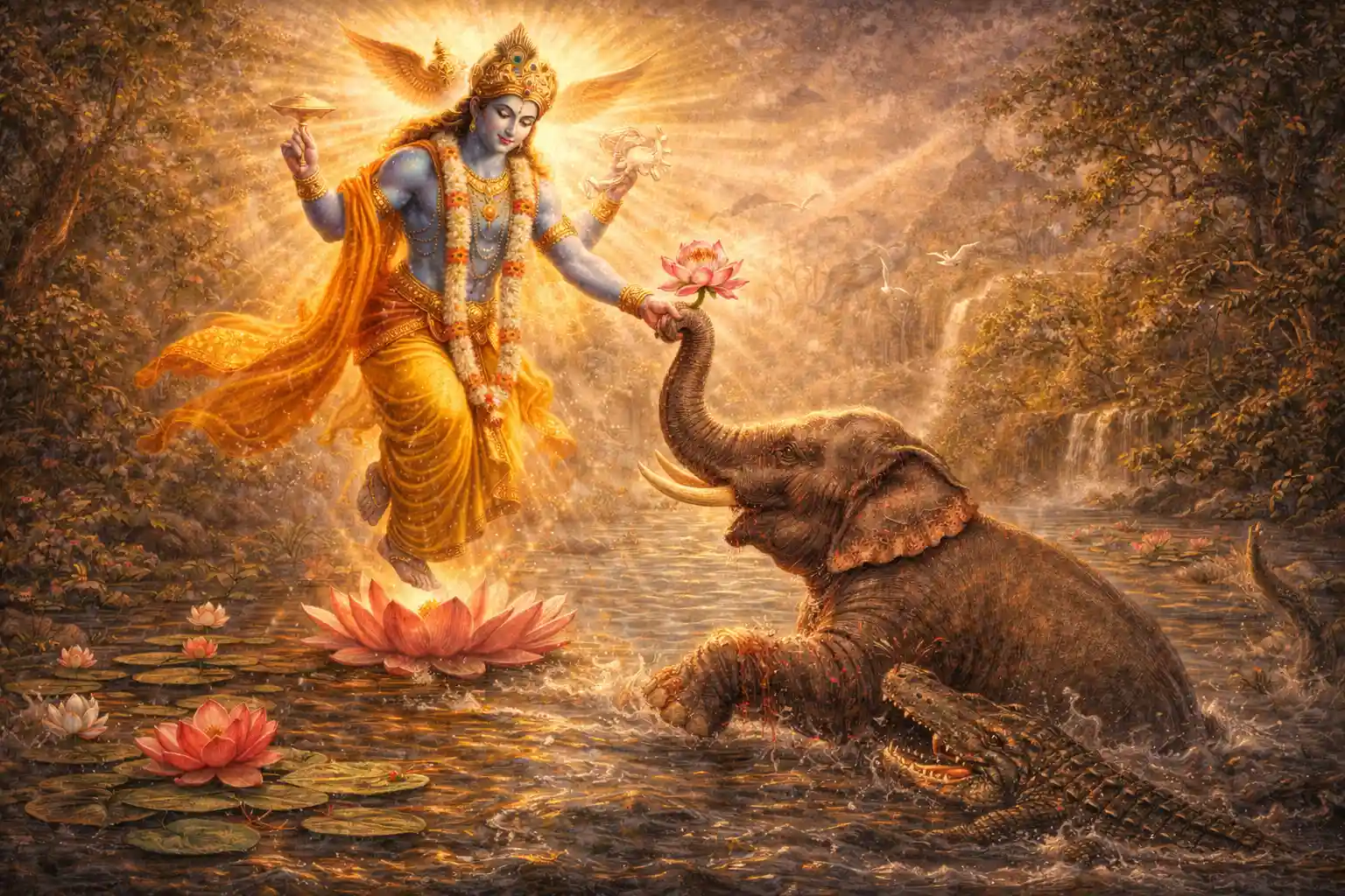 Lord Vishnu rescues Gajendra as the elephant offers a lotus in surrender amid the river struggle.