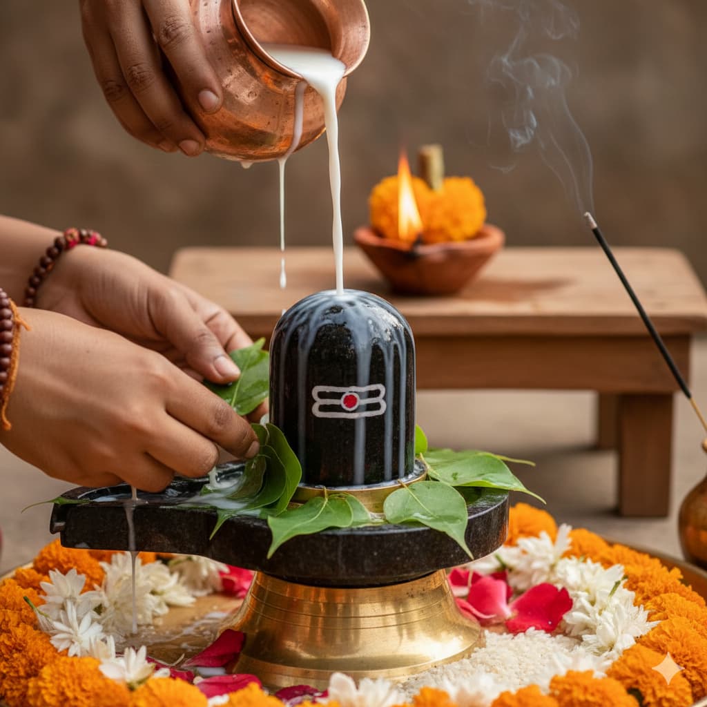Devotional hands offer pure milk and sacred Bilva leaves, capturing a moment of intense focus and ritualistic purity.