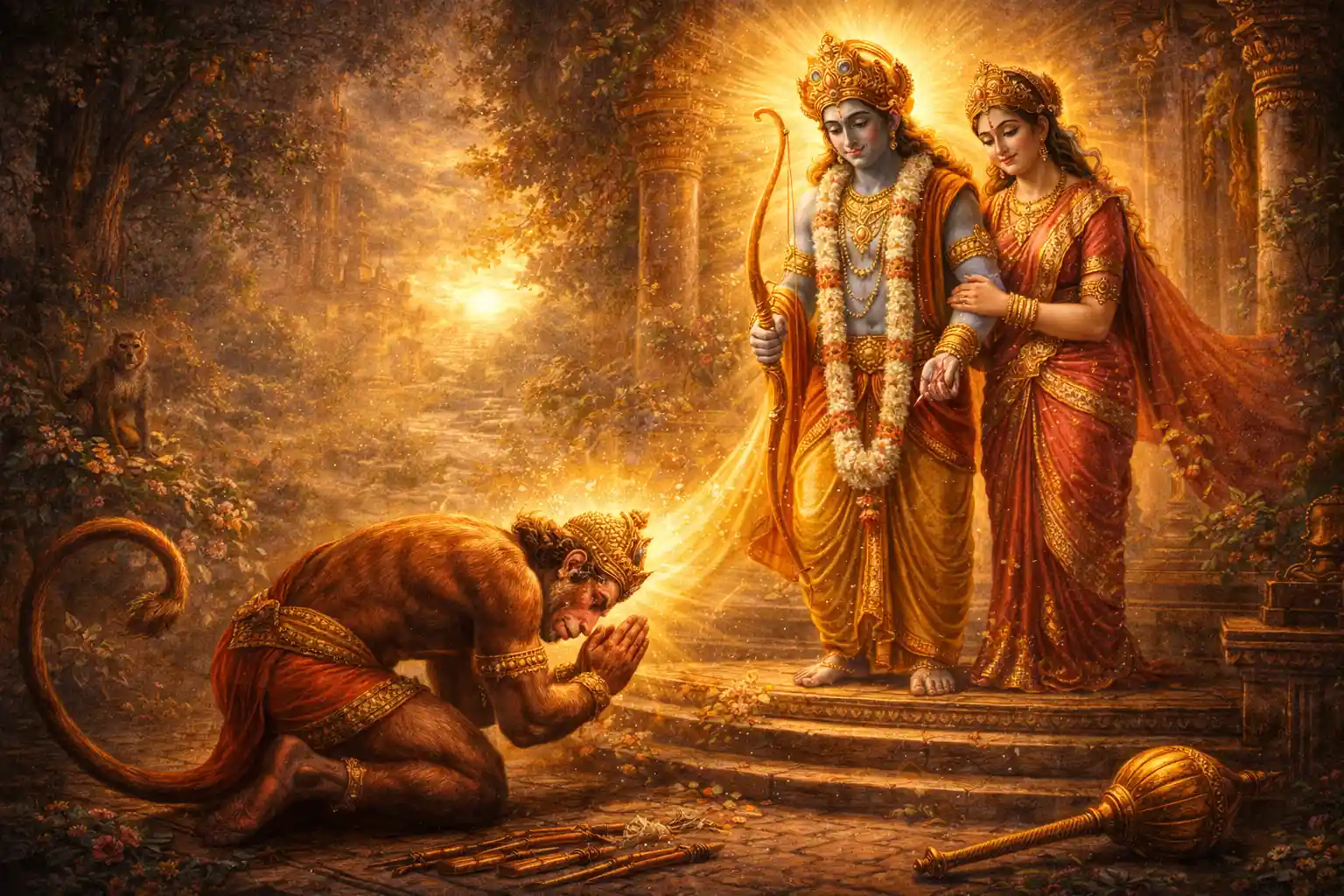 Hanuman bows in complete devotion before Lord Rama and Sita, bathed in divine light.
