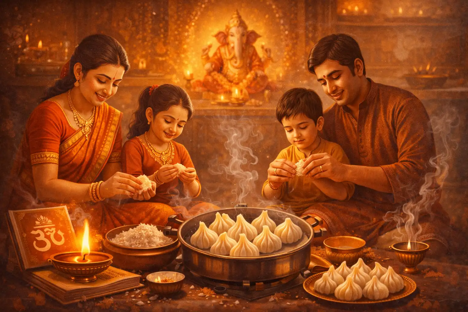 A family preparing ukadiche modak together in a calm devotional setting, expressing bhakti through shared ritual and care.