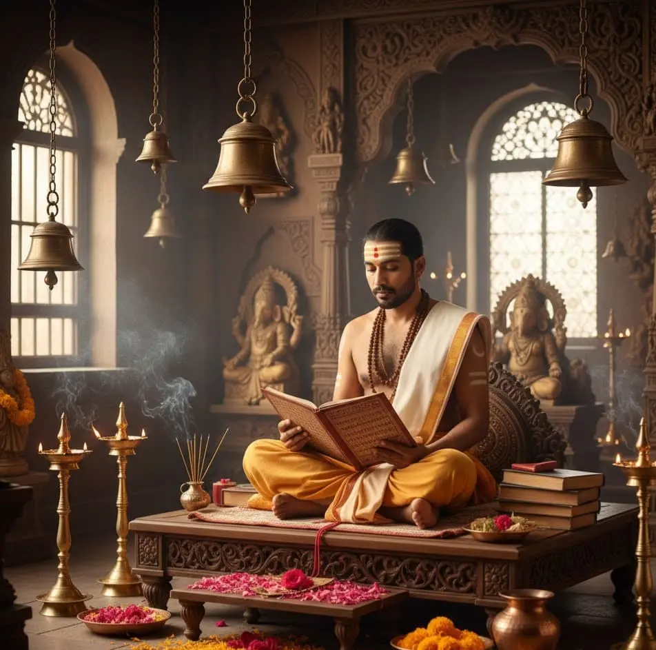 Priest analyzing Panchang , symbolizing astrology, muhurat, and ritual guidance.