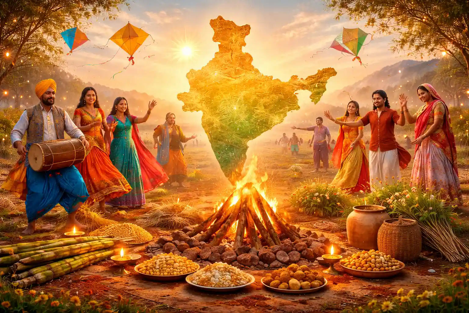 Symbolic depiction of pan-Indian harvest celebrations representing Lohri, Makar Sankranti, Pongal, Uttarayan, and Magh Bihu.