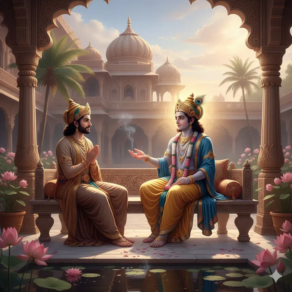 Shree Krishna, with infinite compassion, guiding King Yudhishthira on the sacred observance of Shattila Ekadashi.