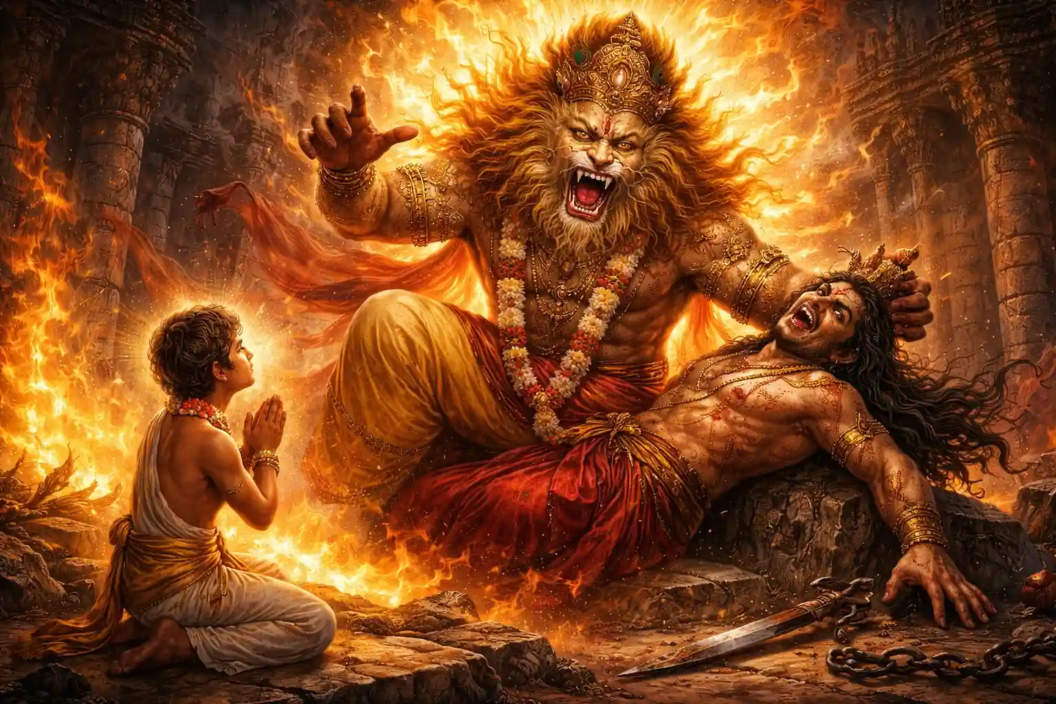 Lord Narasimha emerges from a pillar to protect child devotee Prahlad from Hiranyakashipu.