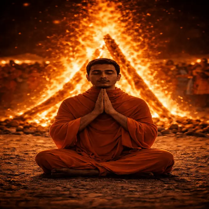 Amidst the glowing warmth of the Lohri bonfire, a moment of peaceful reflection, as the soul connects with the light