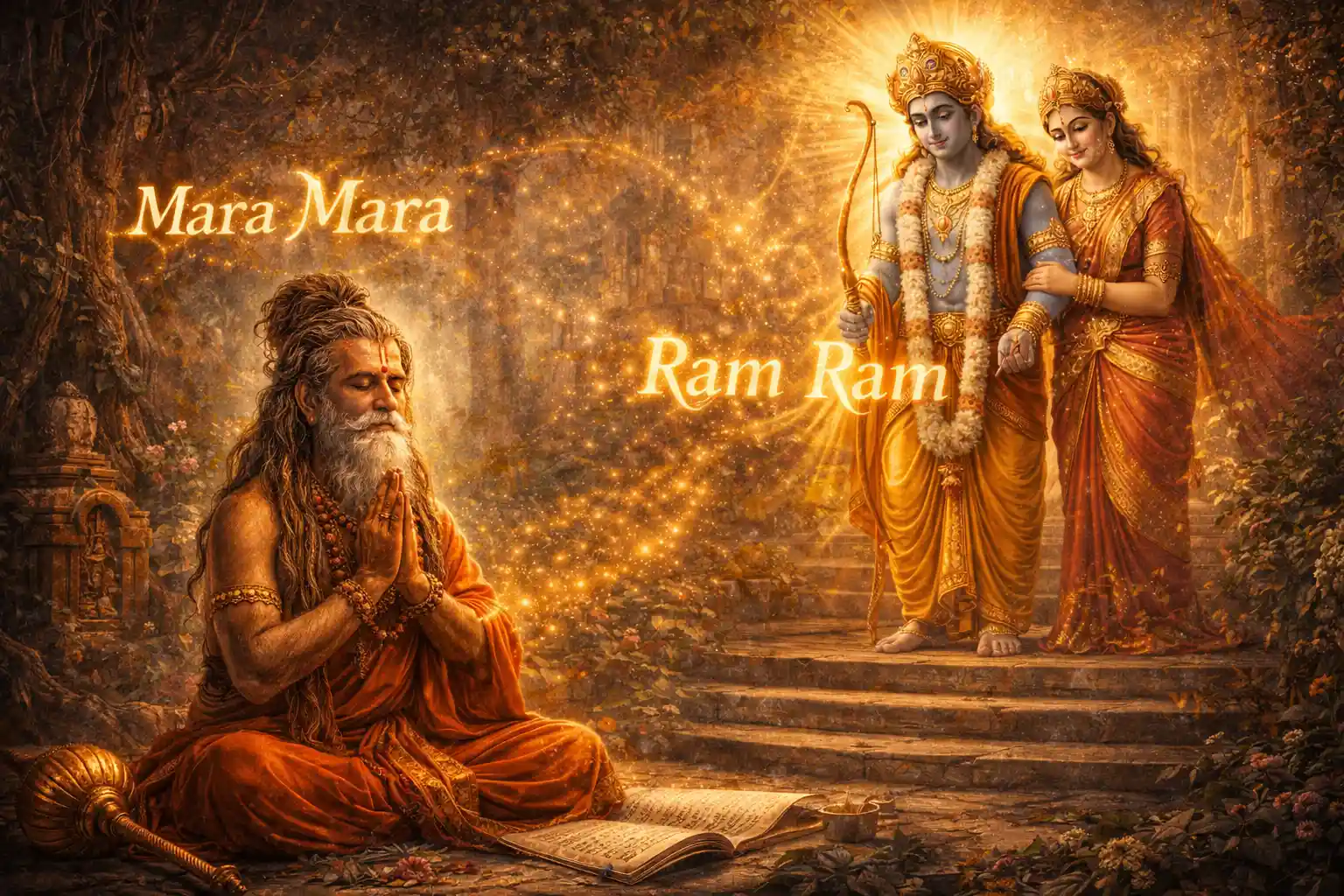 Sage Valmiki meditates and chants the Lord’s name, transforming from darkness to divine wisdom.