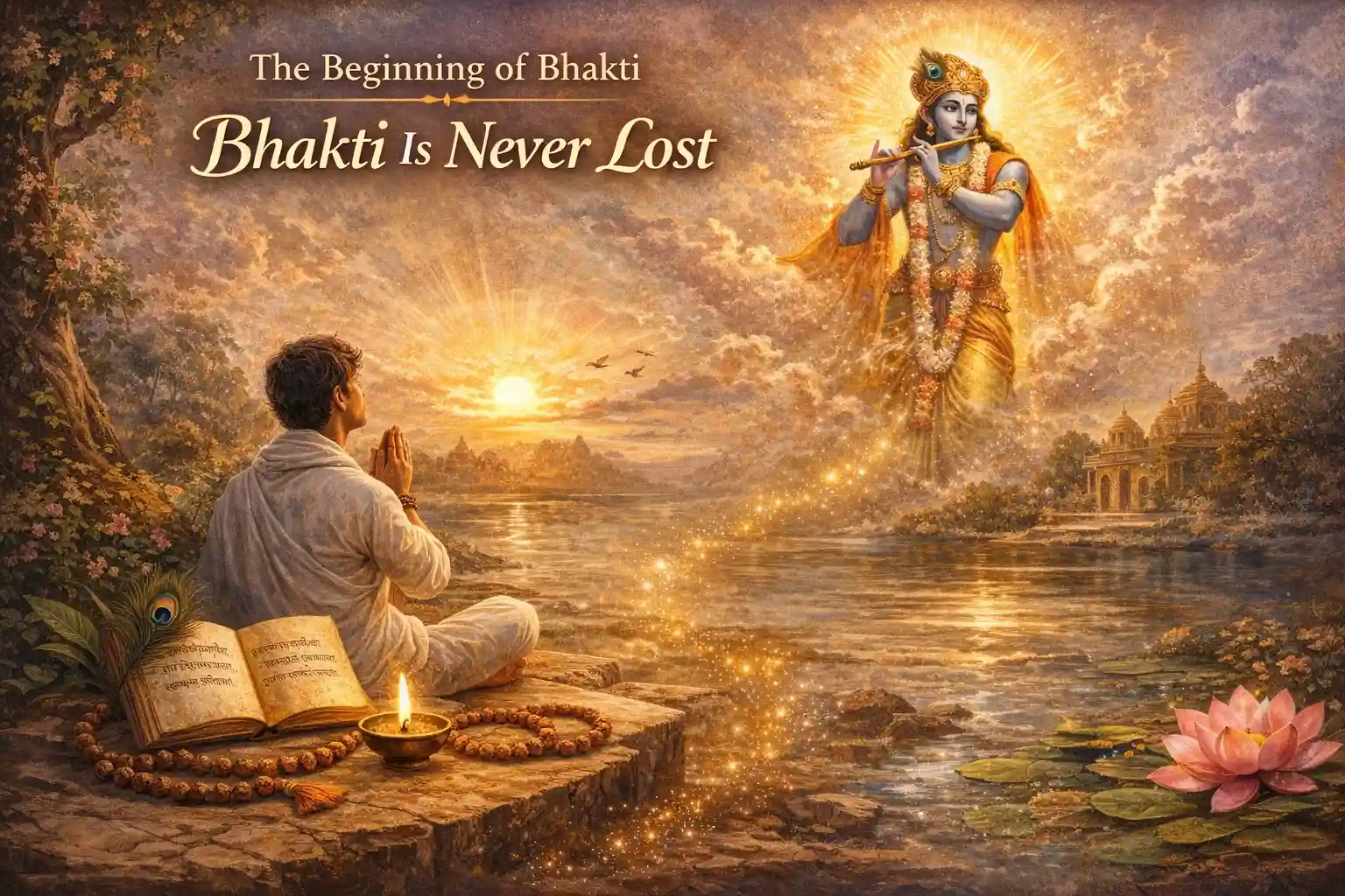 A devotee prays at dawn by a river as Krishna’s divine presence appears in gentle light.