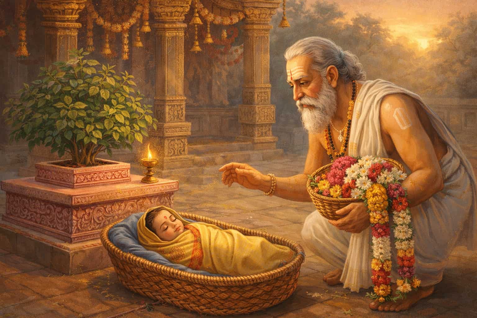 Periyalvar gently discovers infant Andal resting beneath a sacred Tulsi tree