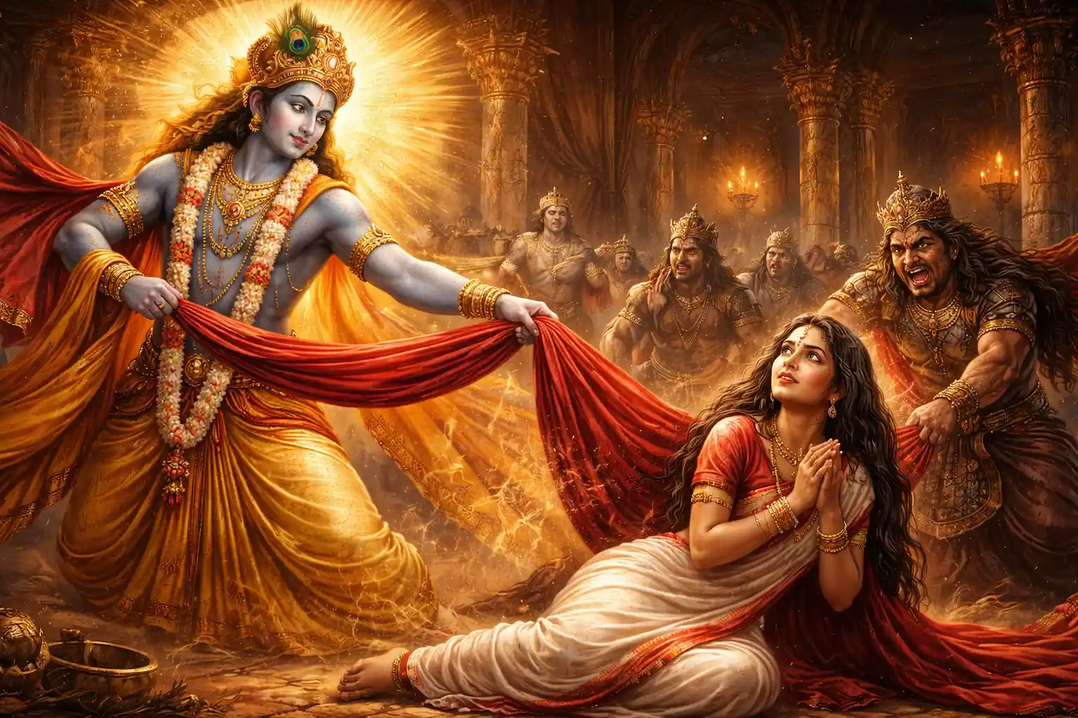 Shree Krishna miraculously protects Draupadi in the royal court as she surrenders and calls out to Him.