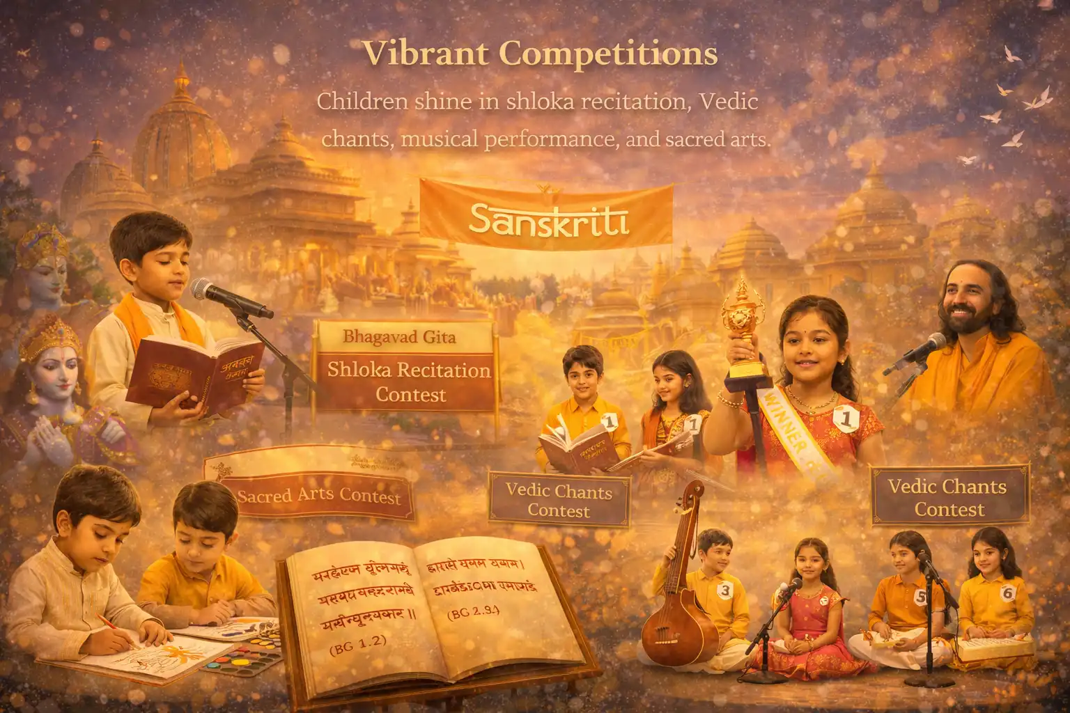 Sanskriti competitions at Radha Krishna Temple Dallas provide a supportive platform for children to engage in cultural and spiritual learning