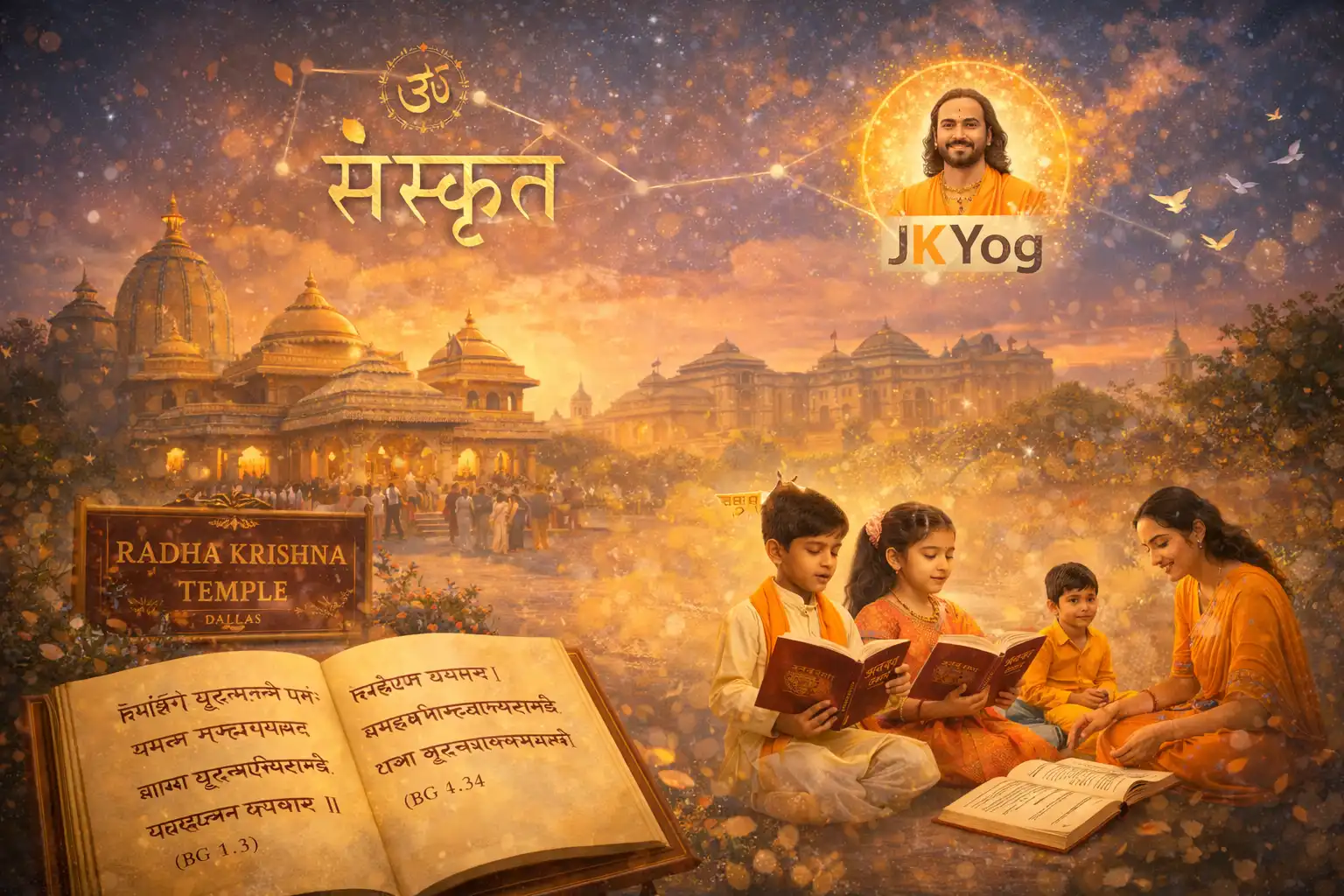 Children connect with the Bhagavad Gita through sacred recitation at Sanskriti 2026 in the spiritual setting of Radha Krishna Temple Dallas.