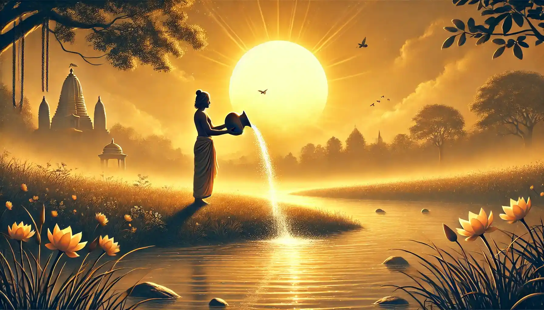 The ritual of Surya Arghya Vidhi involves offering water (Arghya) to the Sun at dawn