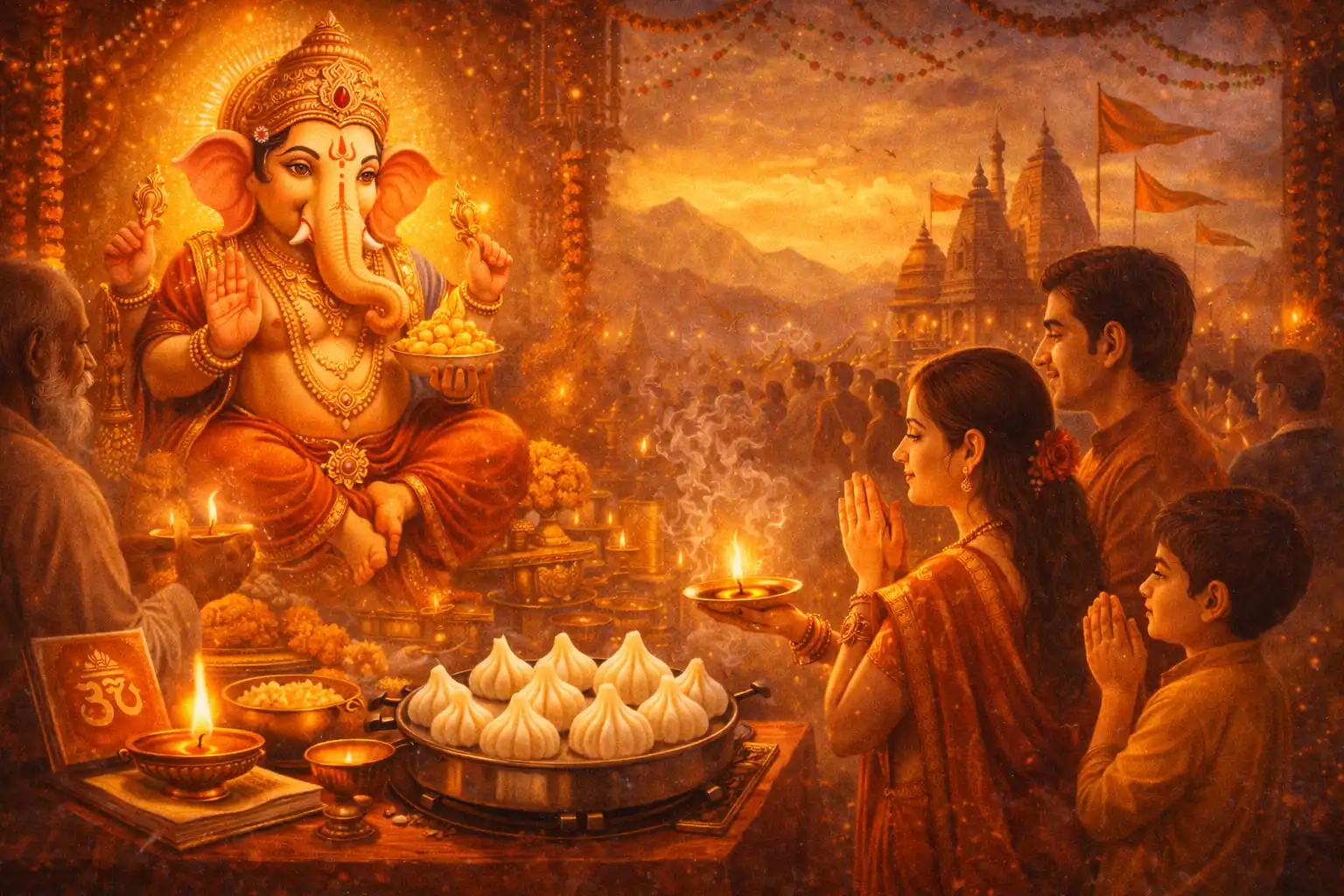 Devotees offering aarti to Lord Ganesha during the Ganesh festival, with modaks placed as bhog in a sacred, festive atmosphere.