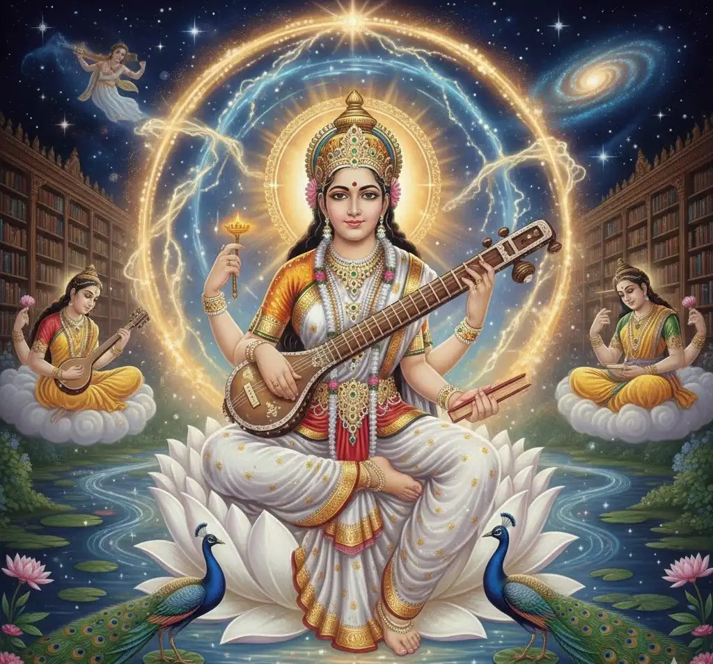 Hindu goddess Saraswati playing a veena on a lotus, surrounded by peacocks and cosmic energy.