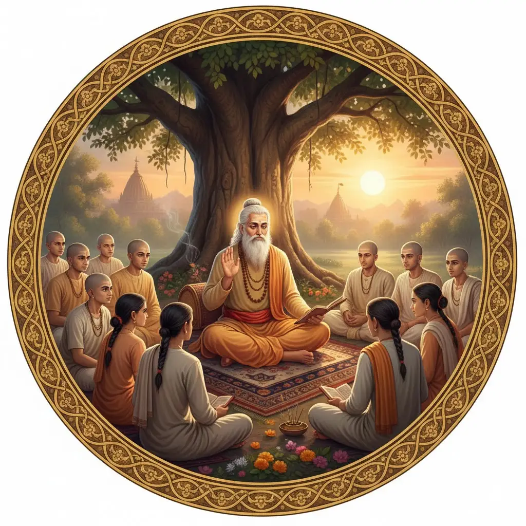 A sage teaching students in a circle beneath a large tree at sunset.