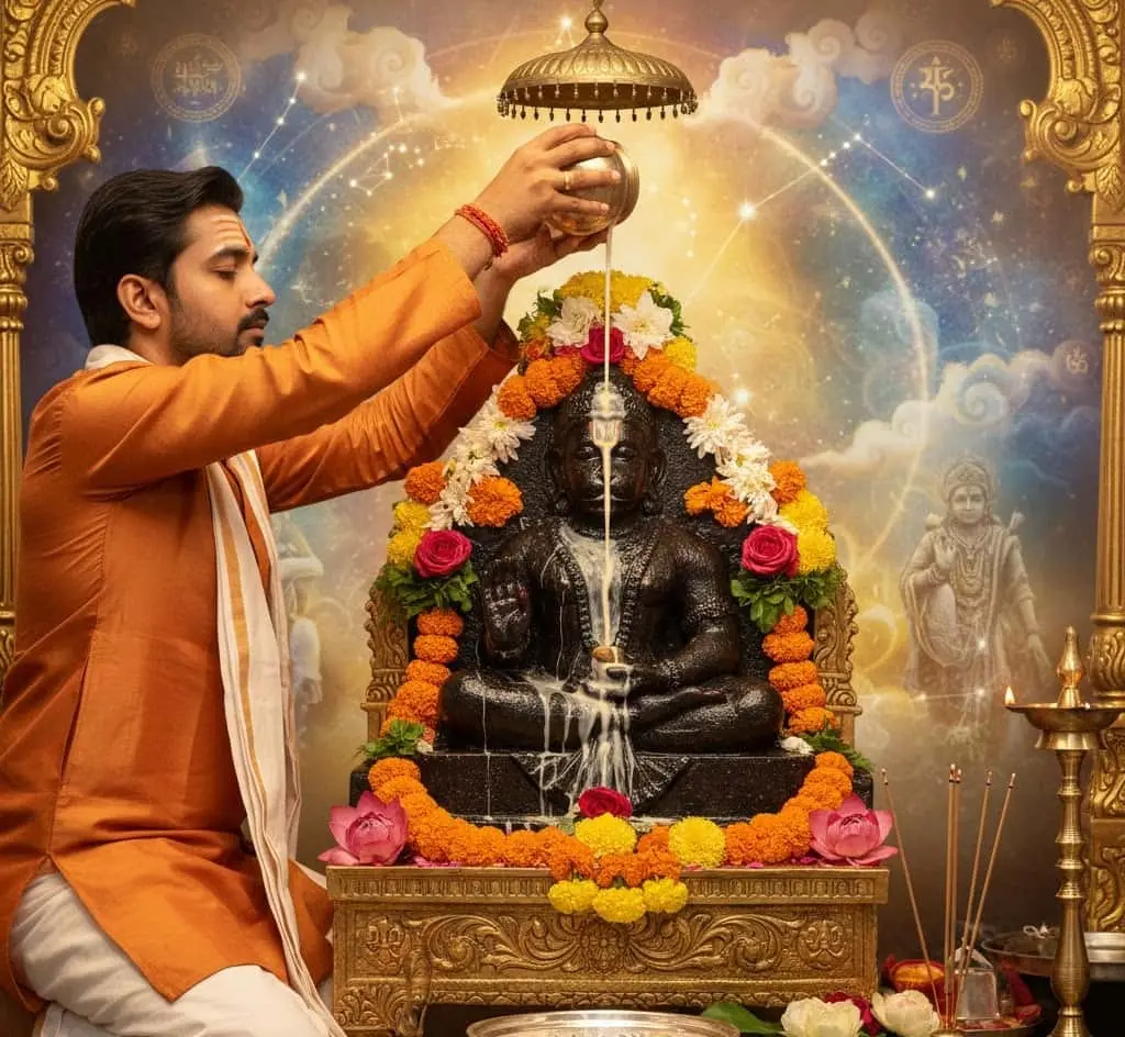 Devotee performs abhishek on Hanumanji with garland and milk