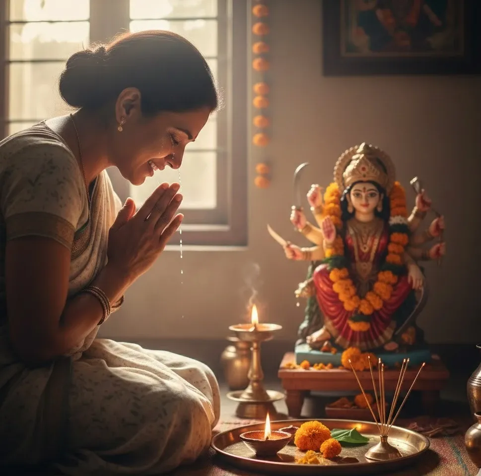 Woman offers morning prayers to Goddess Durga at home altar.