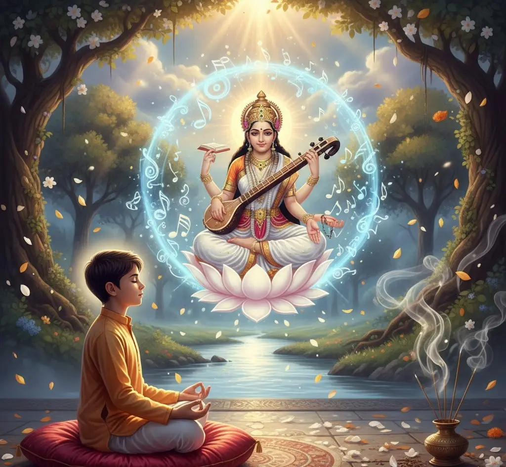 Goddess Saraswati appearing to a meditating boy in a serene forest by a river.