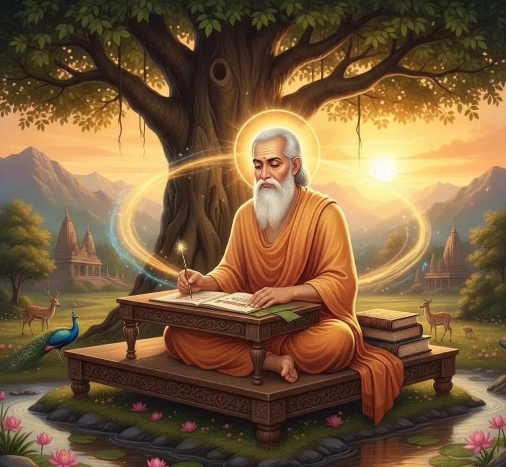 Goswami Tulsidasji writing Hanuman Chalisa beneath a sacred tree.
