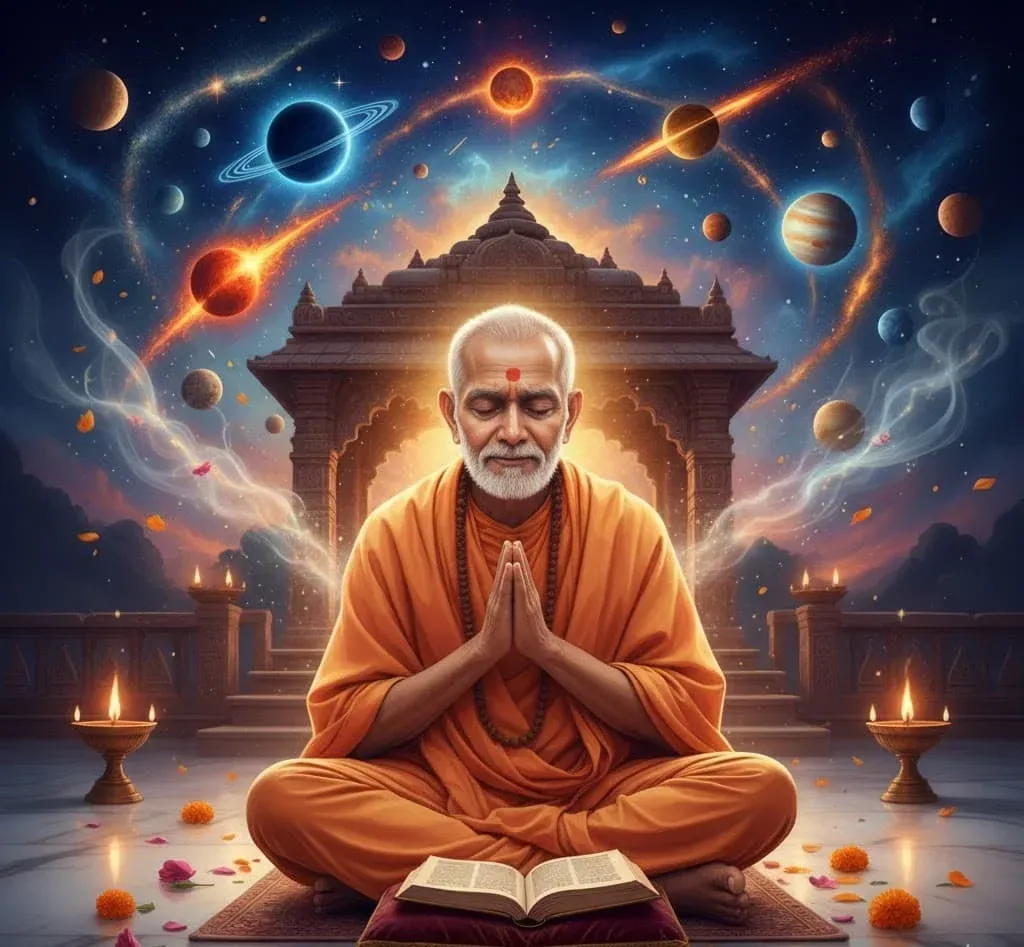 A spiritual seeker meditates before a temple, surrounded by a glowing cosmic galaxy of planets.
