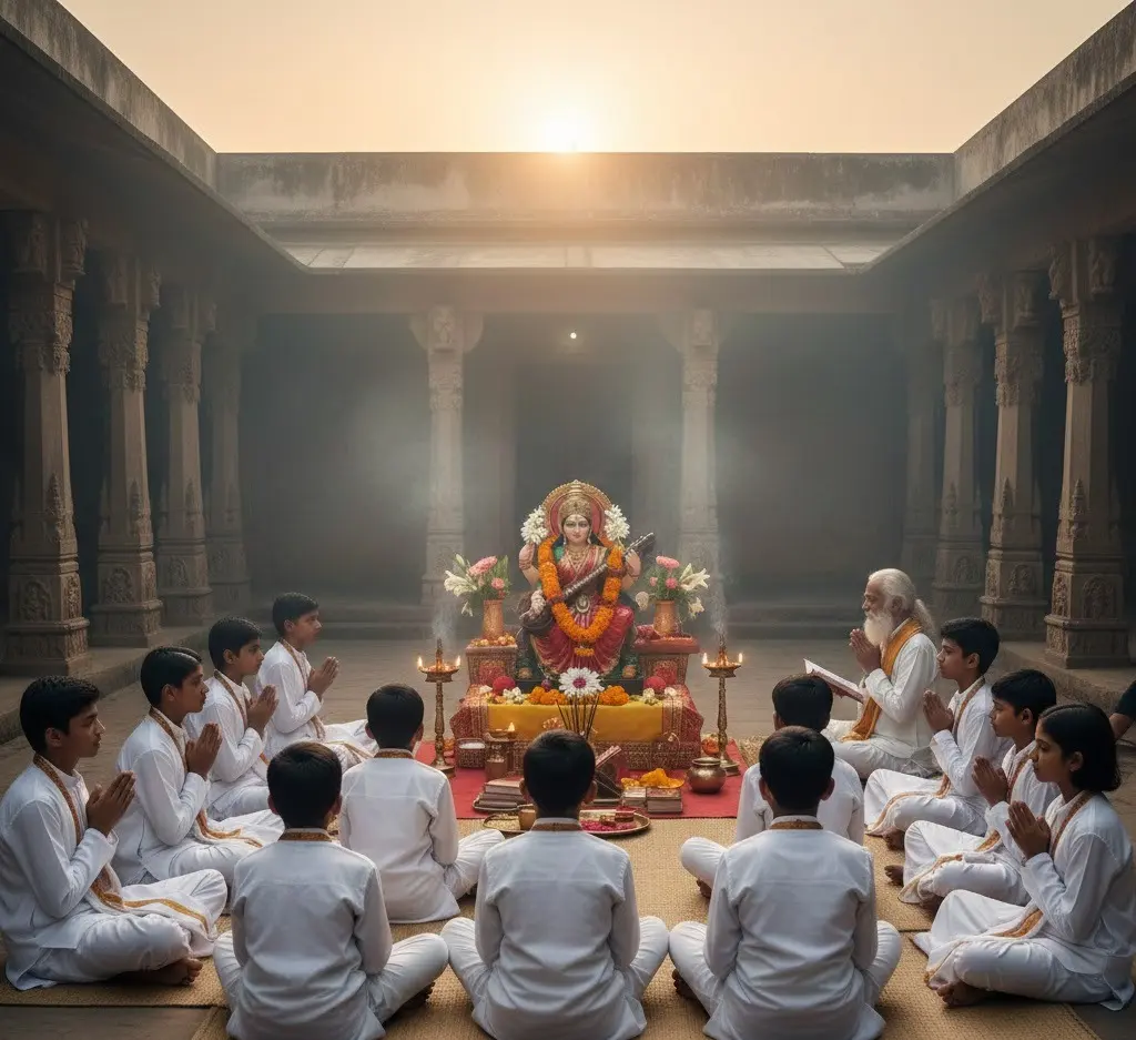 Students in white traditional attire sit in a circle, praying before a Saraswati idol.