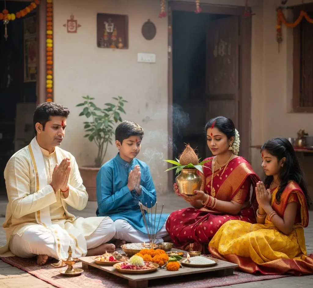 Indian family praying during a home puja with offerings and incense.
