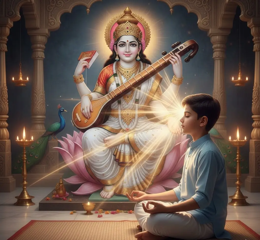 A boy meditates before Goddess Saraswati, who radiates light while holding a veena.