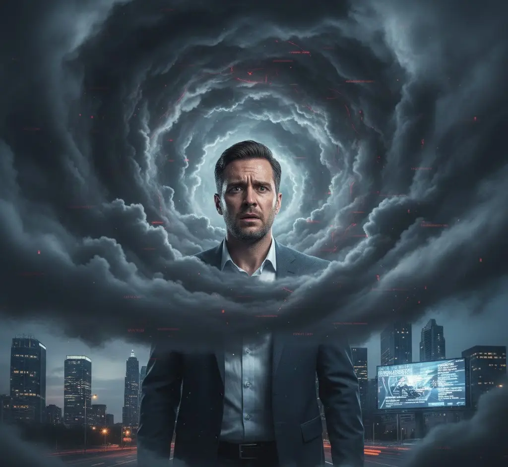 A man in a suit stands amidst a swirling dark cloud vortex over a city.