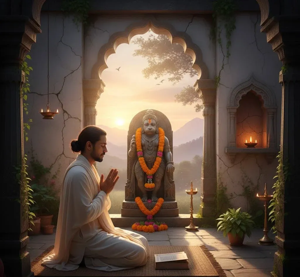 Man meditating with folded hands before Hanumanji idol in temple.