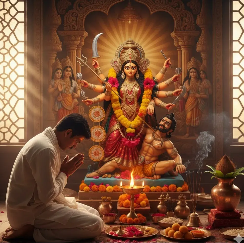 Man praying before Durga idol with offerings, lamps, and incense.