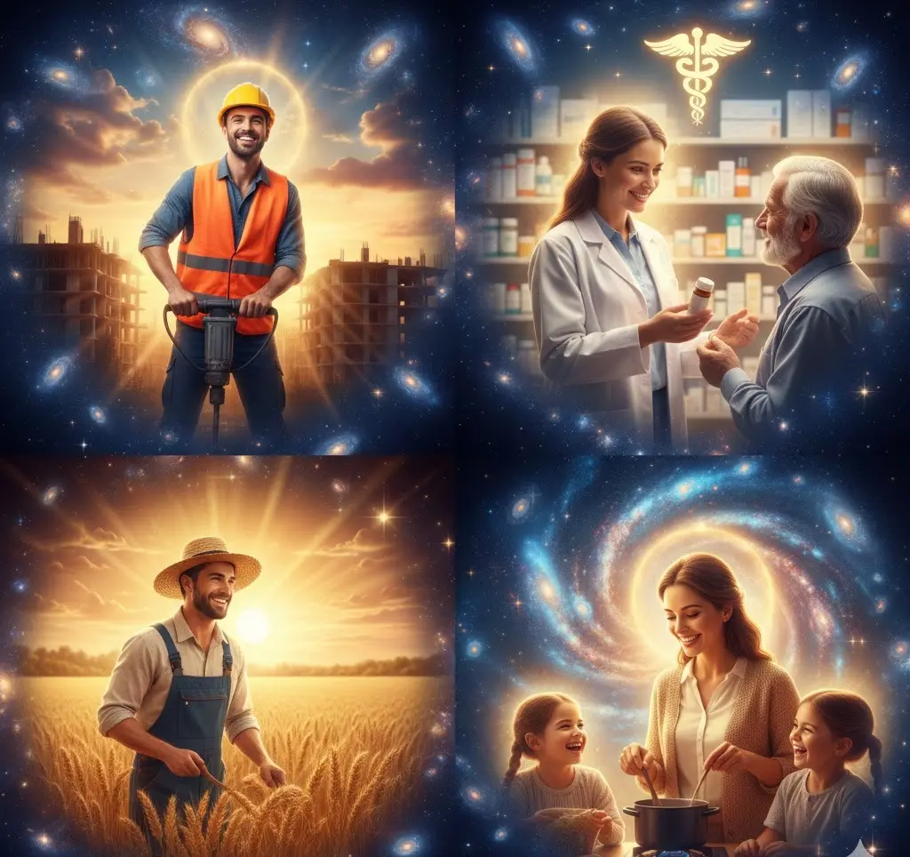 Four panels showing various workers—builder, pharmacist, farmer, mother surrounded by cosmic, glowing halos.