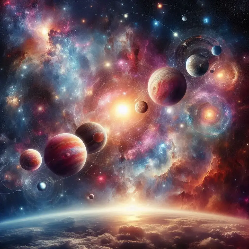 Vibrant cosmic scene with aligned planets and nebulae over clouds.